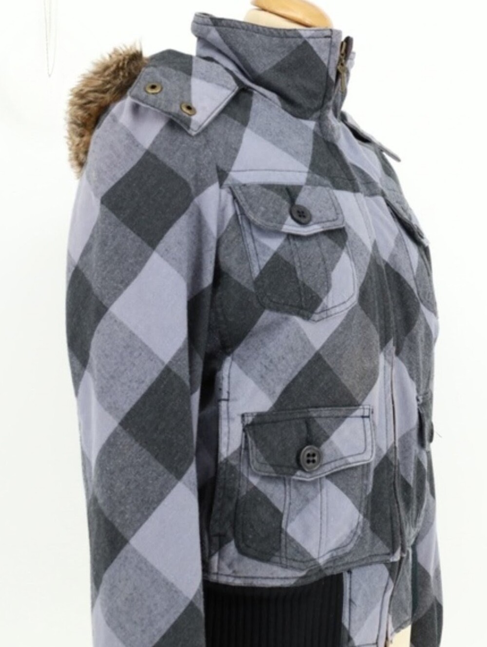 Roxy Gray Checkered Bomber Jacket Size Medium - Picture 6 of 11